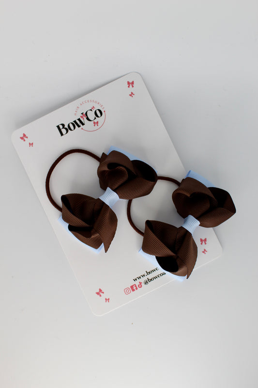 3 Inch Ruffle Bow Set - Elastic - Bluebell and Brown