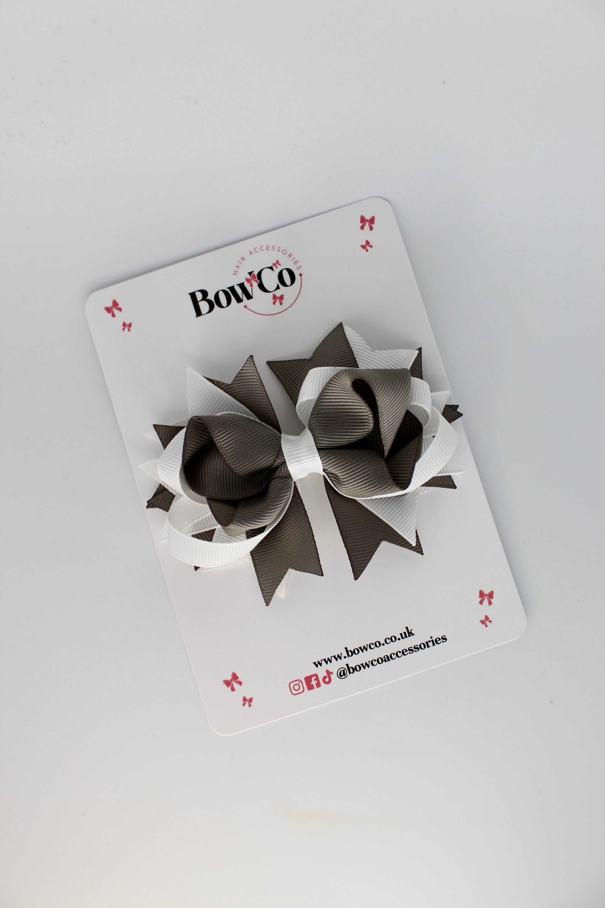 Metal Grey and White Loopy Stacked Bow