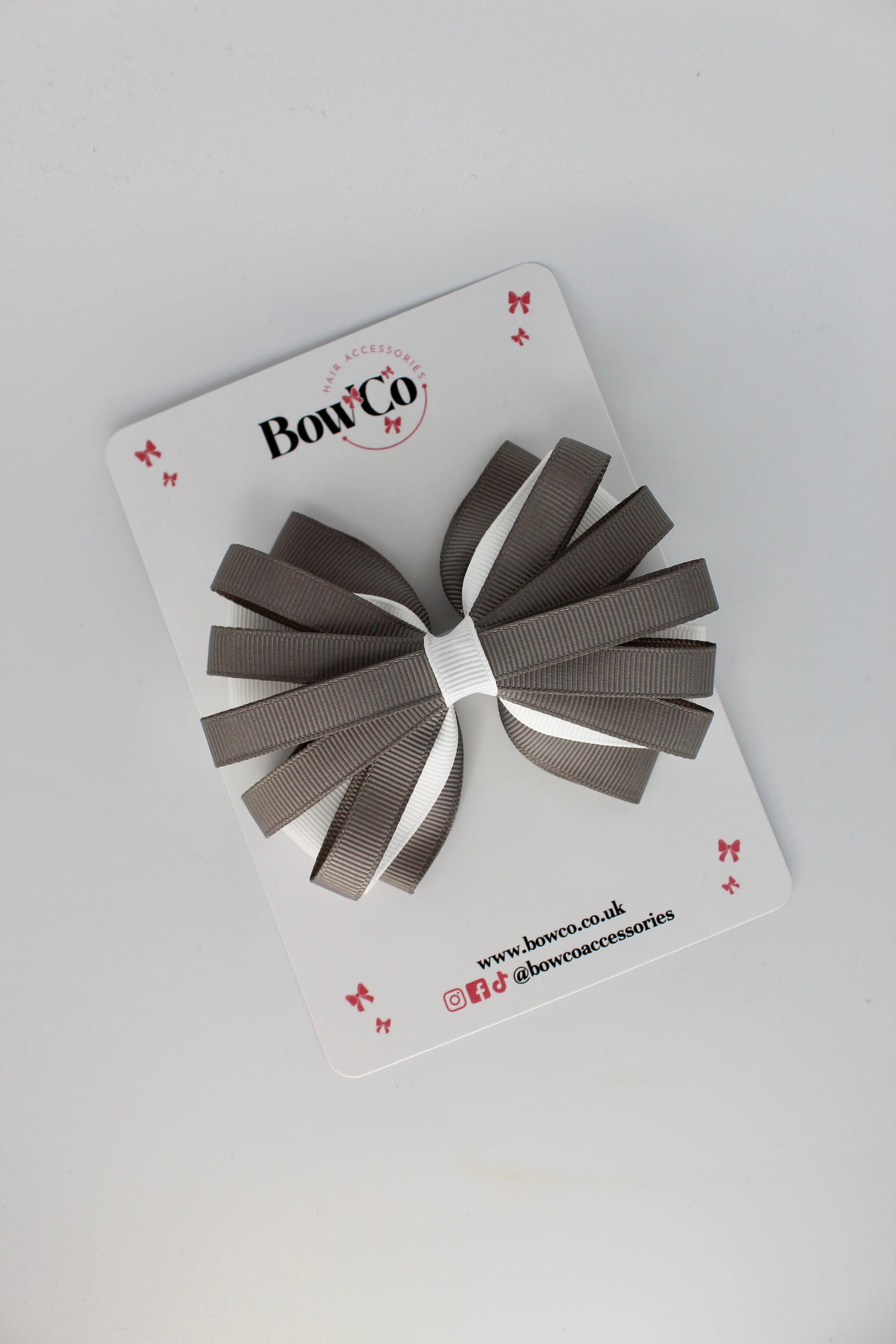 4 Inch Spiral Bow - 4 Inches - Clip - Metal Grey and White