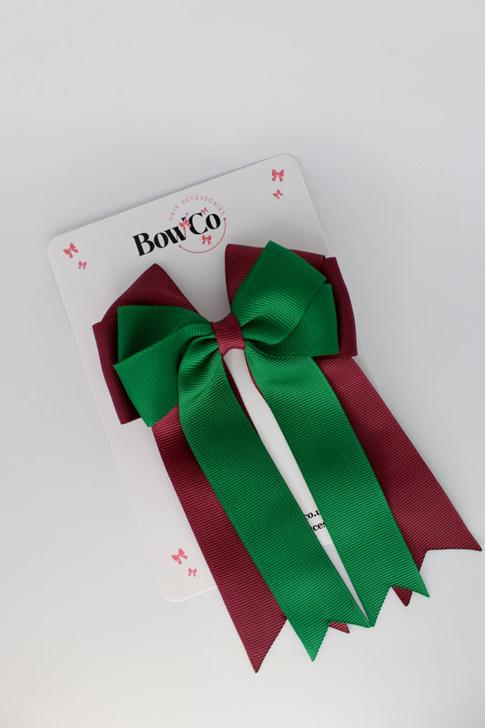 4.5 Inch Ponytail Large Double Tail Bow - Forest Green and Burgundy