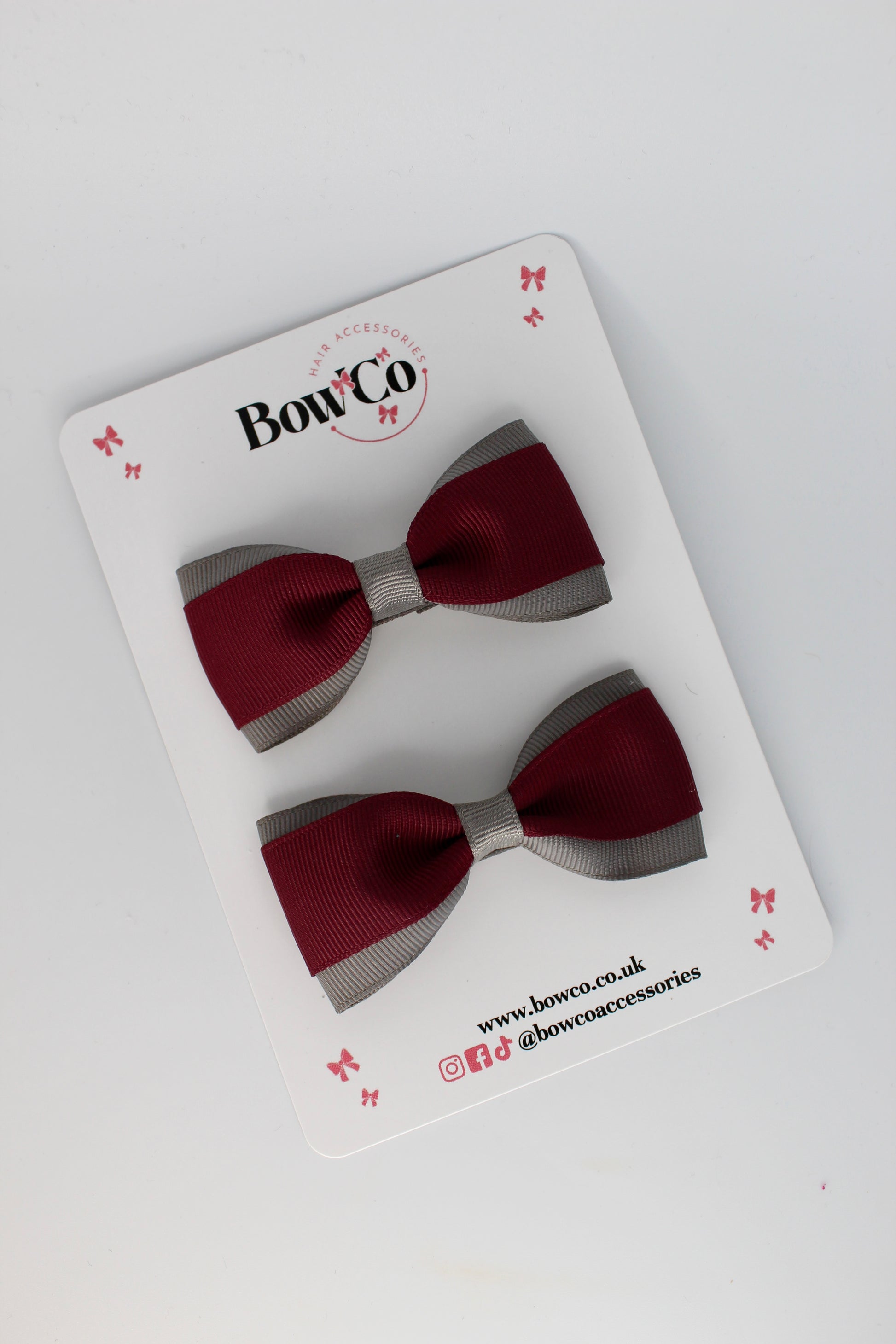 Burgundy and Metal Grey - Tuxedo Bow Set - Clip