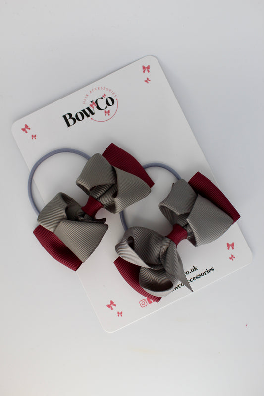 Burgundy and Metal Grey - Ruffle Bow Set - Elastic