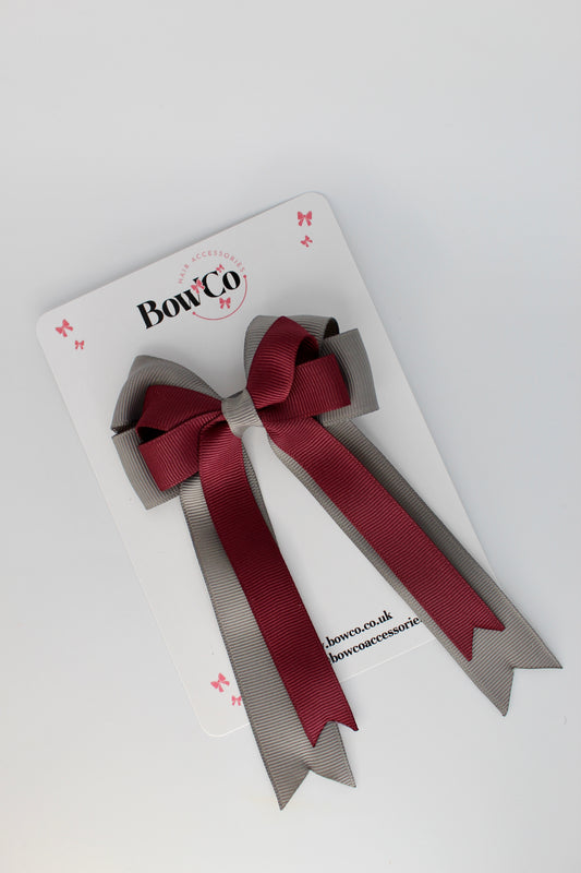 4.5 Inch Ponytail Double Bow - Burgundy and Metal Grey