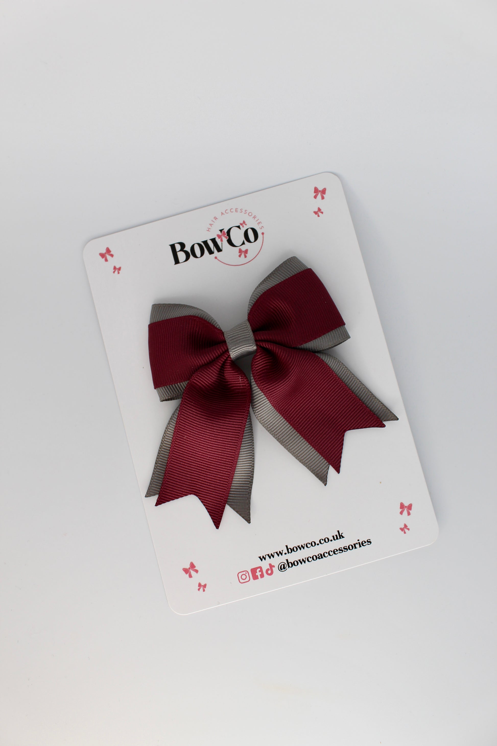 3 Inch Tail Bow Clip - Burgundy and Metal Grey
