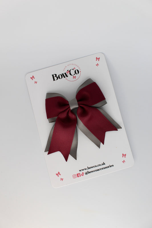 3 Inch Tail Bow Clip - Burgundy and Metal Grey