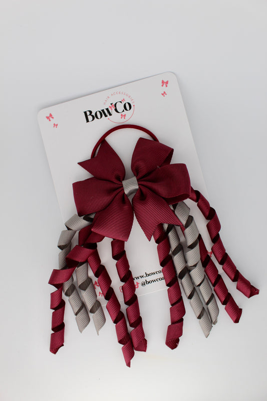 3 Inch Pinwheel Corker Bow - Elastic Bobble - Burgundy and Metal Grey