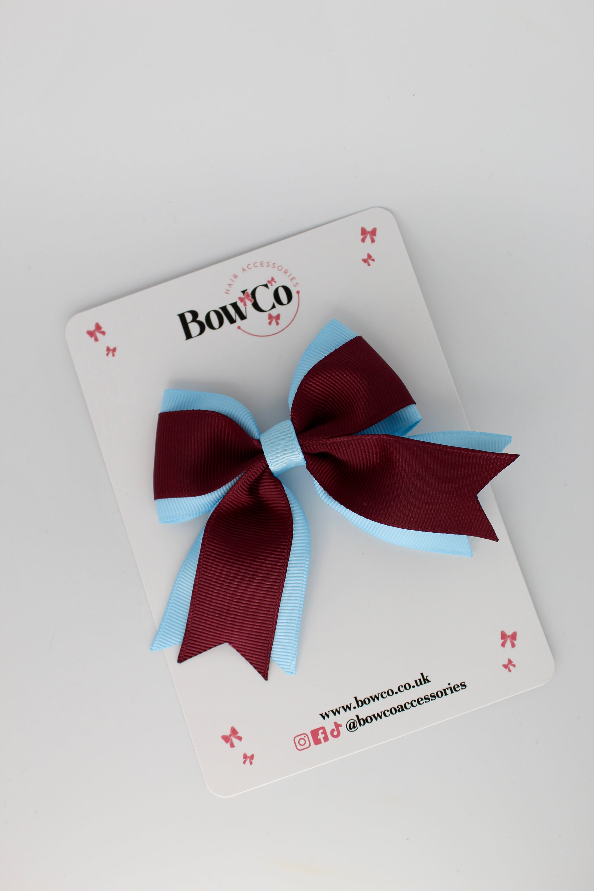 3 Inch Tail Bow Clip - Burgundy and Blue Topaz