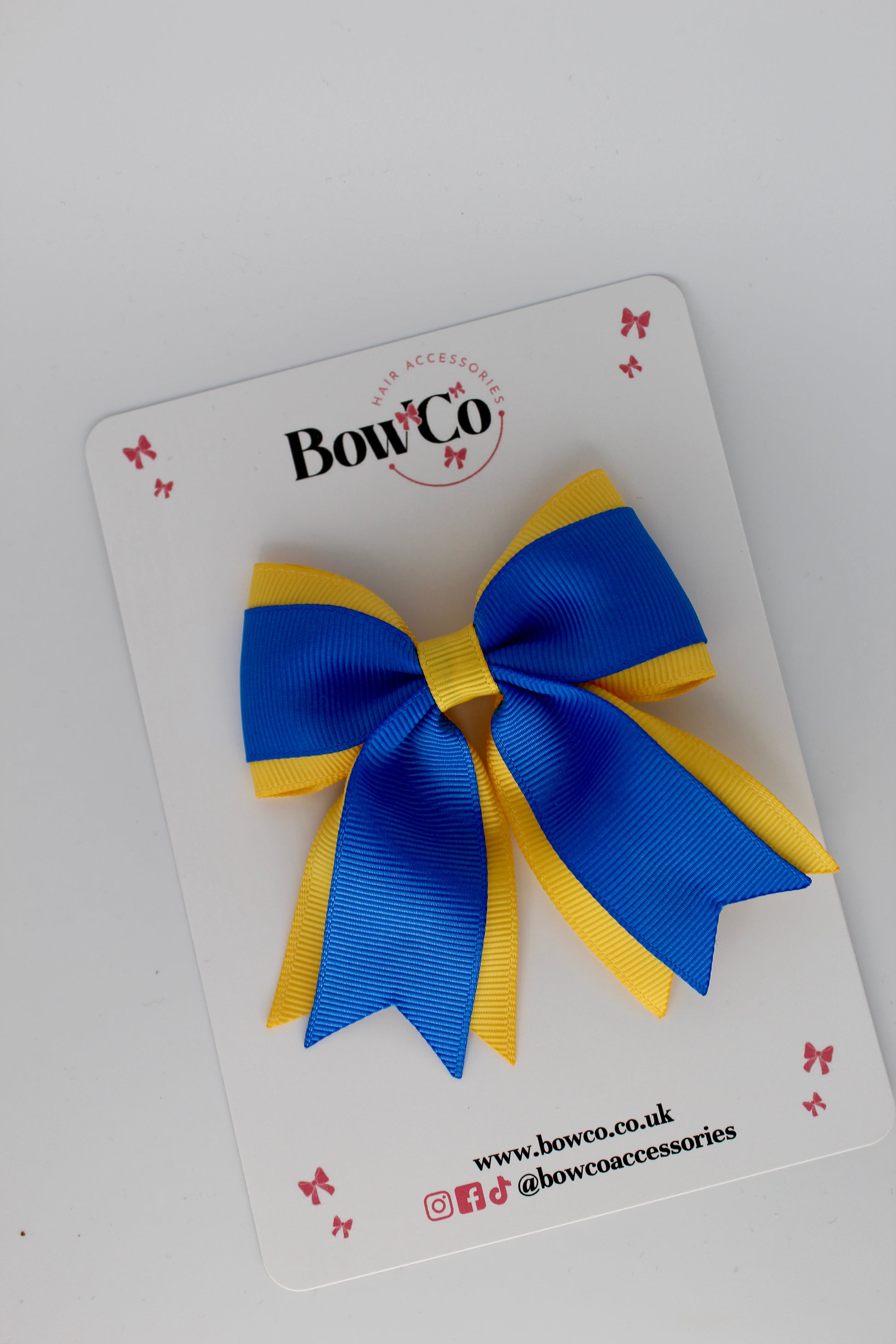3 Inch Tail Bow Clip - Royal Blue and Yellow Gold