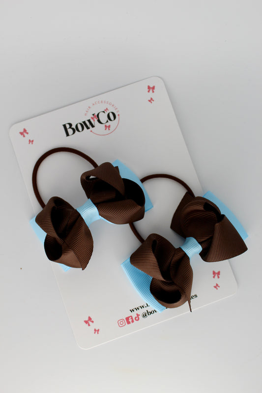 3 Inch Ruffle Bow - Elastic - 2 Pack - Blue Topaz and Brown