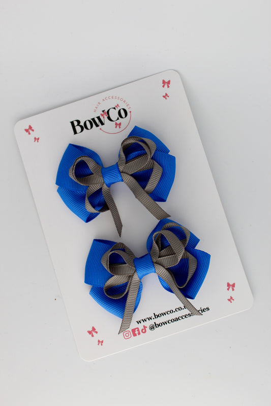 School Bows Royal Blue and Metal Grey - Double Bow Set - Clip