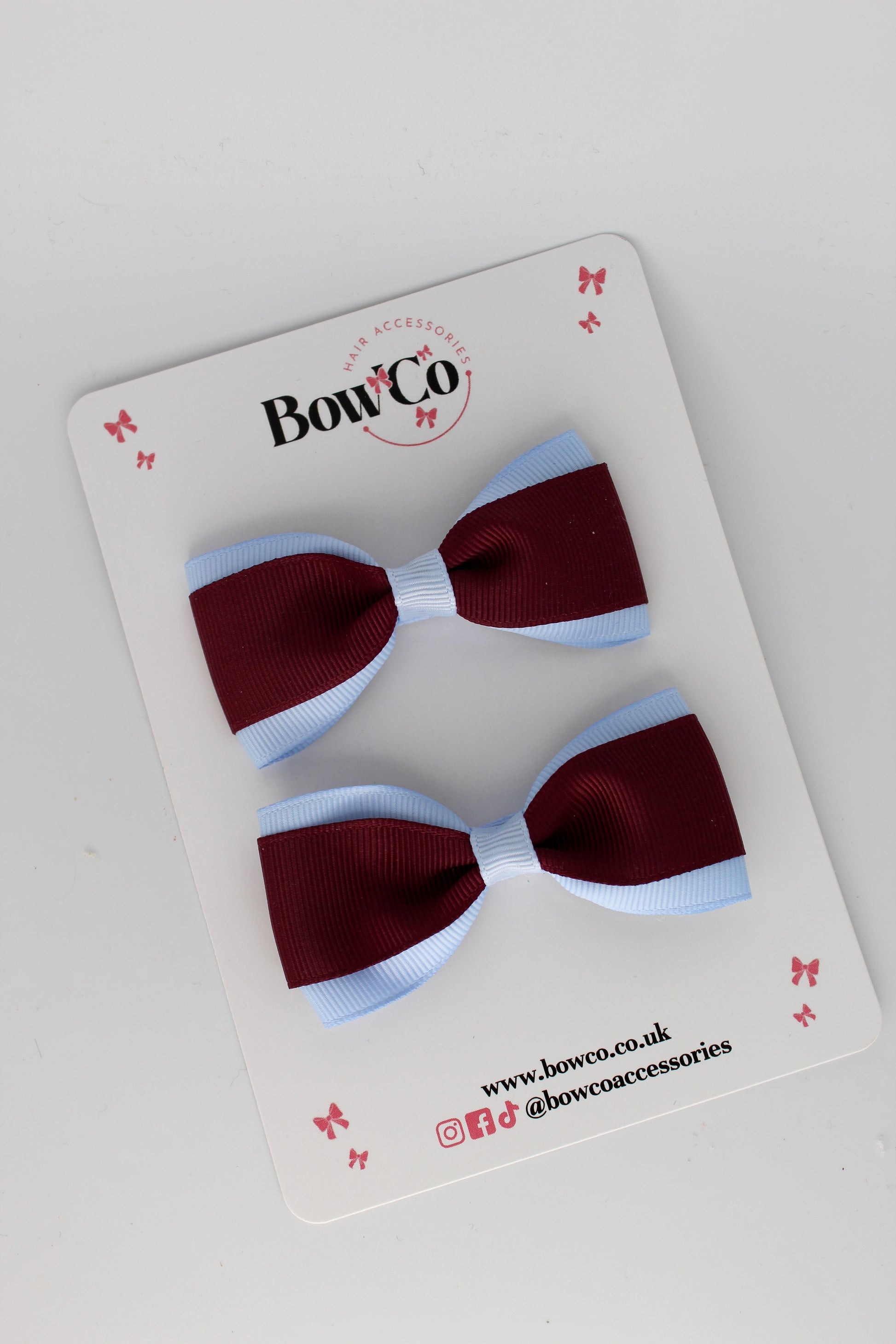 Burgundy and Bluebell - Tuxedo Bow Set - Clip