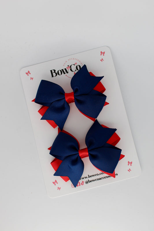 Red and Navy Blue - Layer Tail Bow Set - Clip