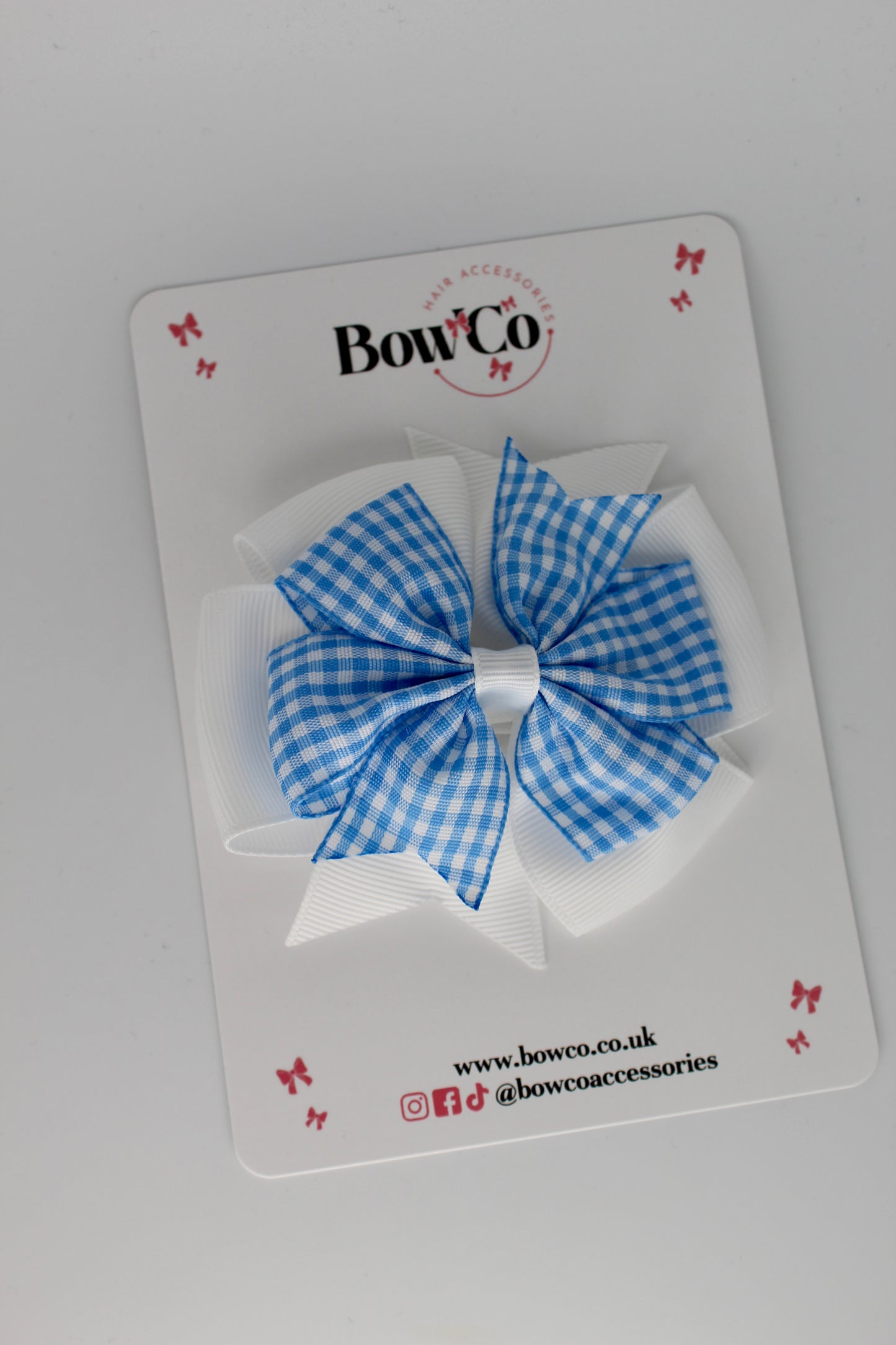 School Light Blue Gingham Pinwheel Bow Clip