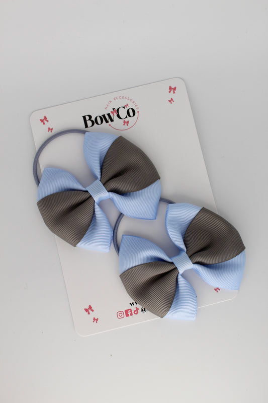 Round Tuxedo Bow Set - Bluebell and Metal Grey - Elastic