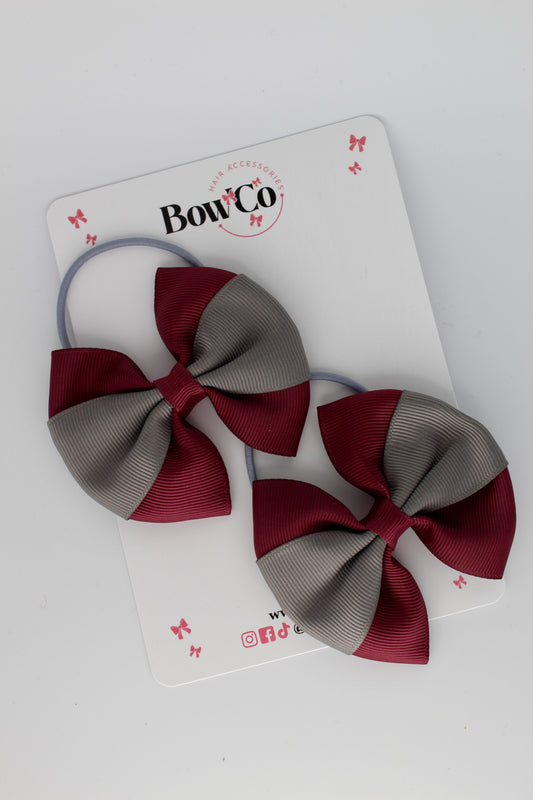 Burgundy and Metal Grey - Round Tuxedo Bow Set - Elastic