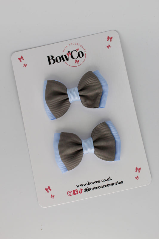 2.5 Inches Double Bow - 2 Pack - Clip - Bluebell and Metal Grey