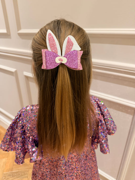 Glitter Pink Bunny Tails Hair Bow Clip – 4 Inches