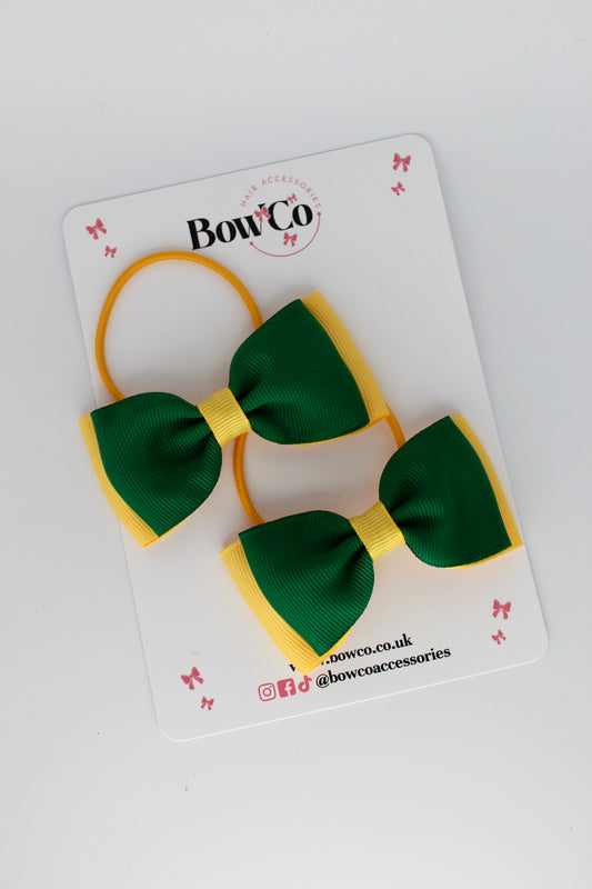 Double Lapel Bow Set - Forest Green and Yellow Gold