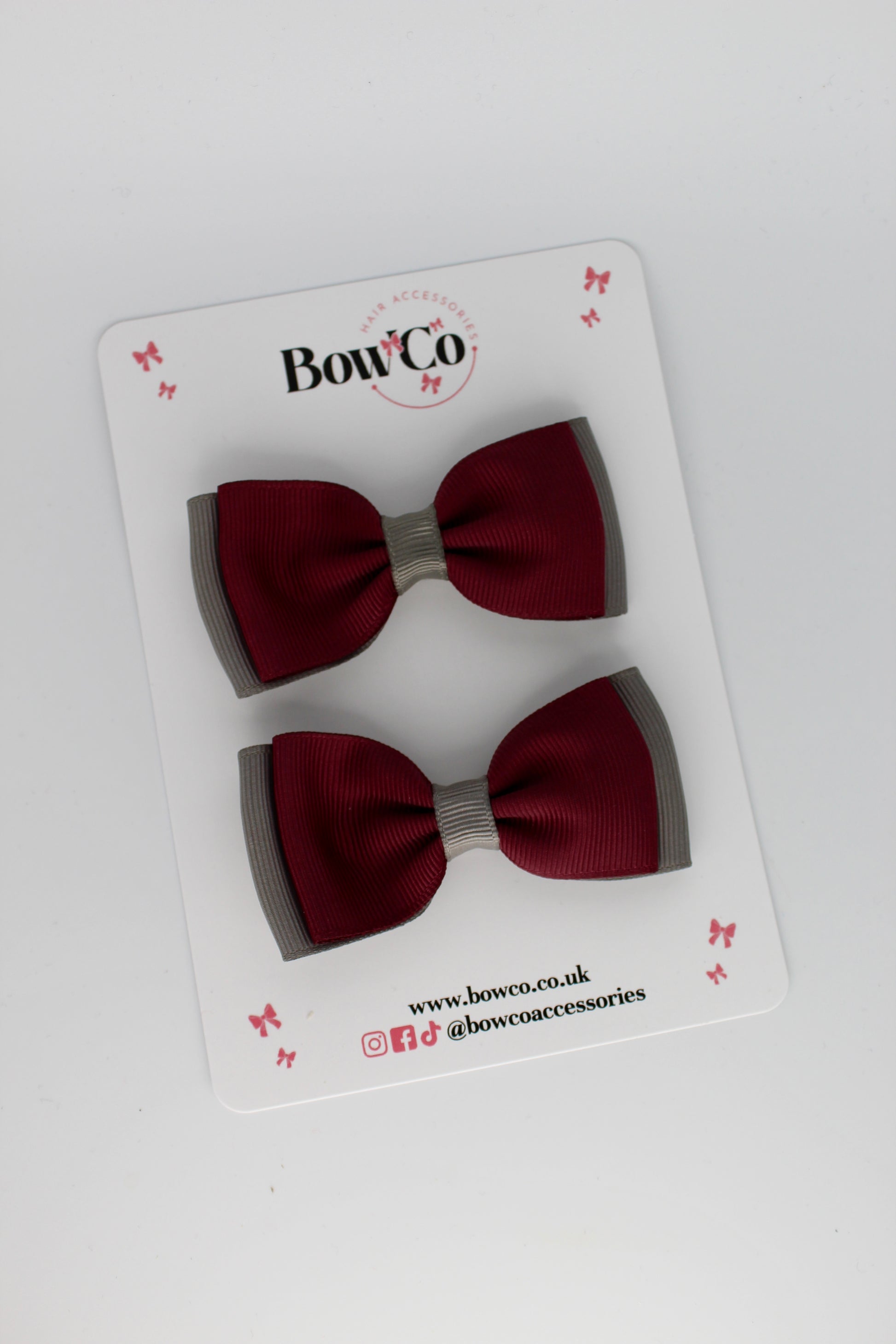 Burgundy and Metal Grey - Double Lapel Bow Set - Elastic