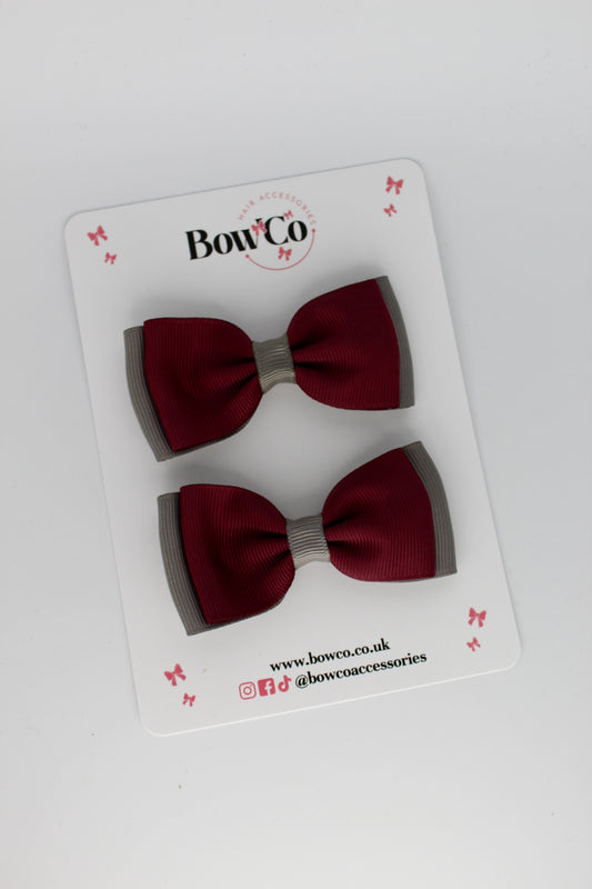 Burgundy and Metal Grey - Double Lapel Bow Set - Elastic