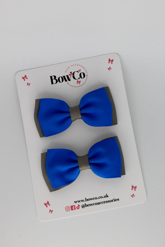 Royal Blue and Metal Grey - Double Lapel Bow Set - Clip