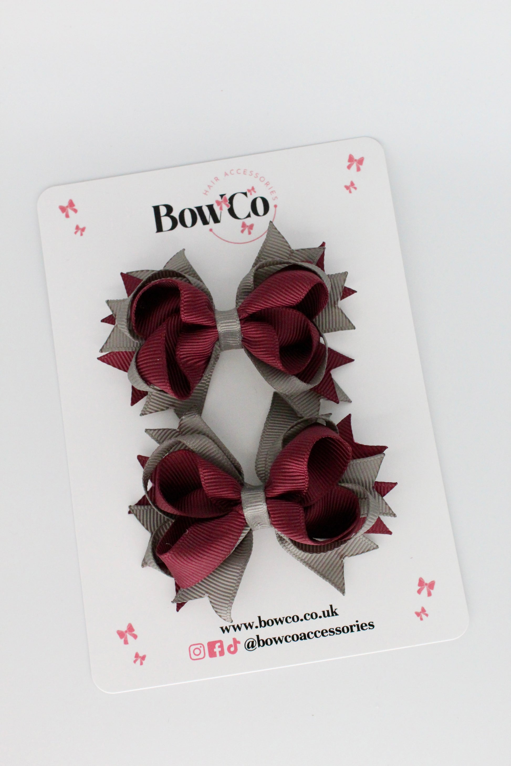 Burgundy and Metal Grey Loopy Stacked Bow - 2 Set