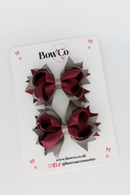 Burgundy and Metal Grey Loopy Stacked Bow - 2 Set