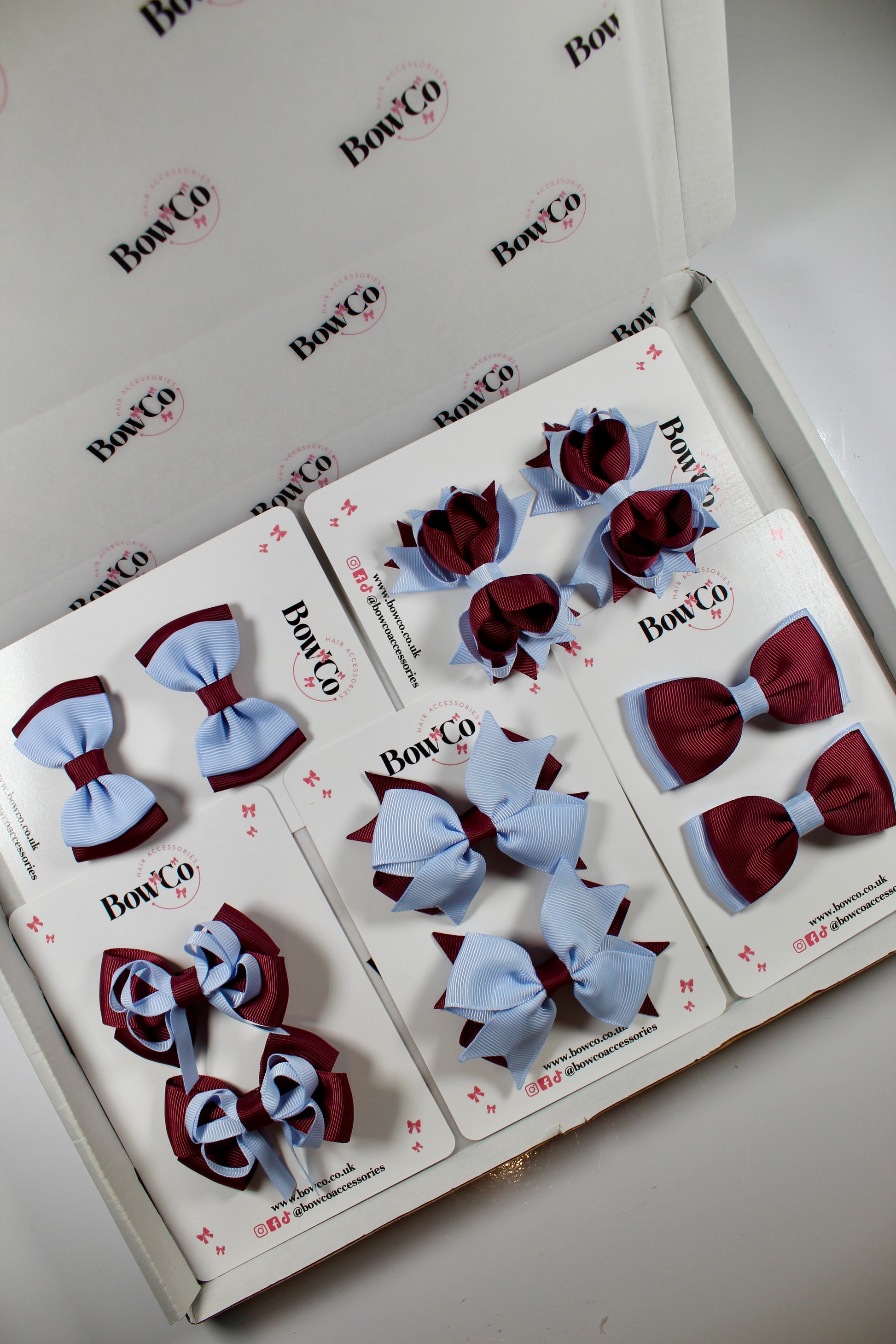 School Bundle 10 Bows - 5 Matching Pairs - Burgundy and Bluebell