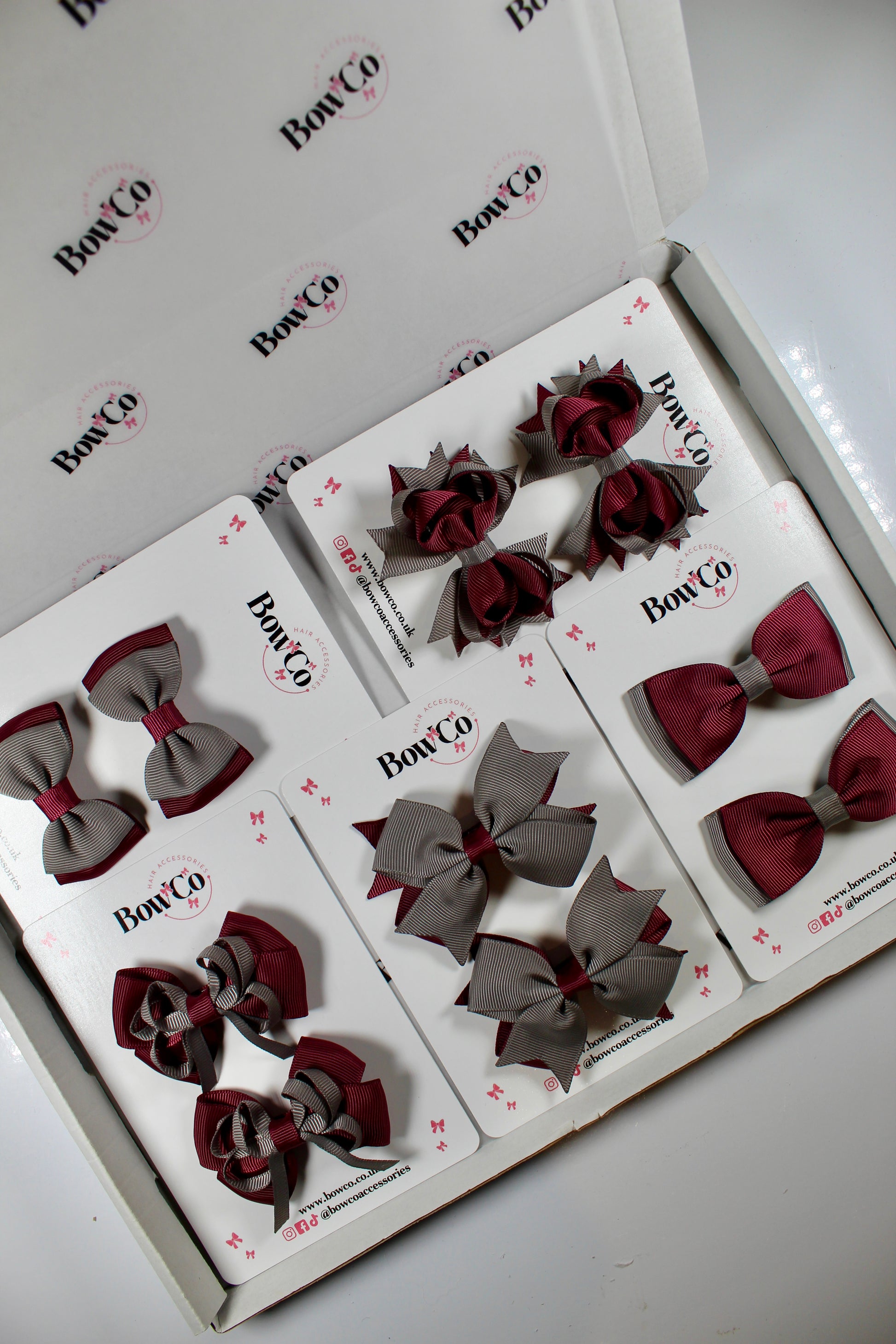 School Bundle 10 Bows - 5 Matching Pairs - Burgundy and Metal Grey