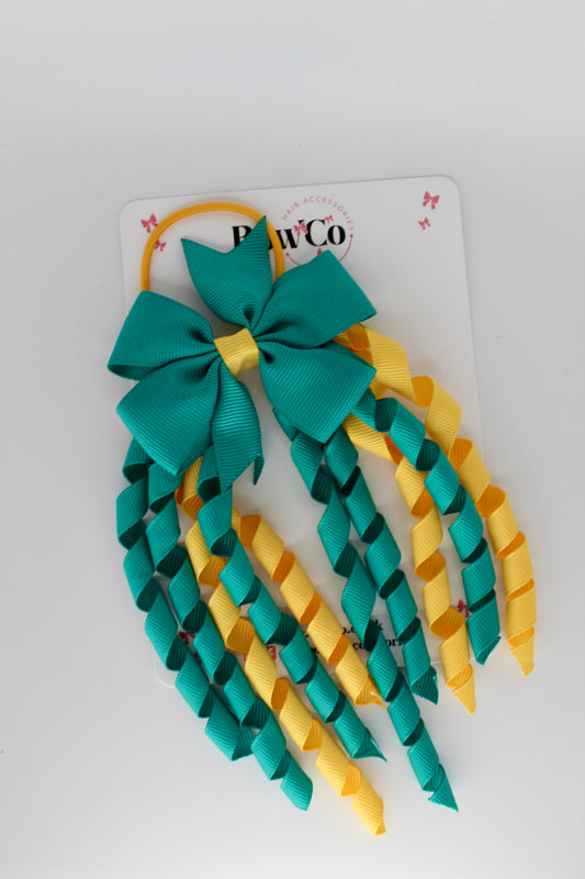 3 Inch Pinwheel Corker Bow - Elastic - Jade Green and Yellow Gold