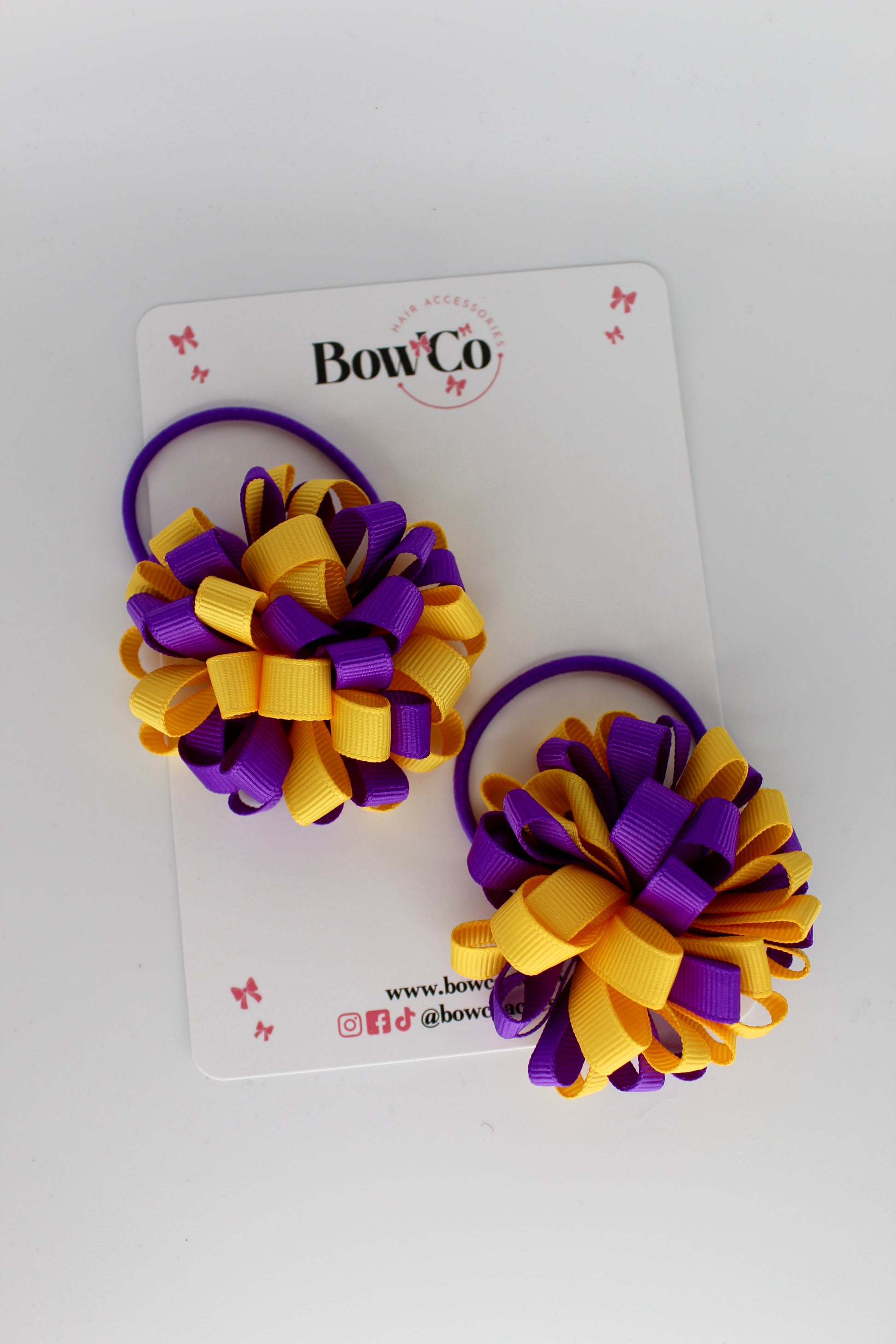 Purple and Yellow Gold - Pom Pom Bow - 2 Pack