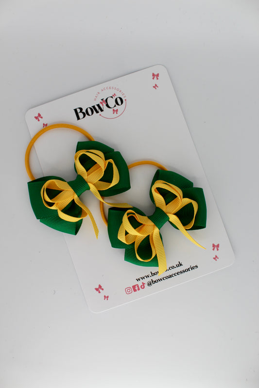 Double Bow Set -Elastic - Forest Green and Yellow Gold