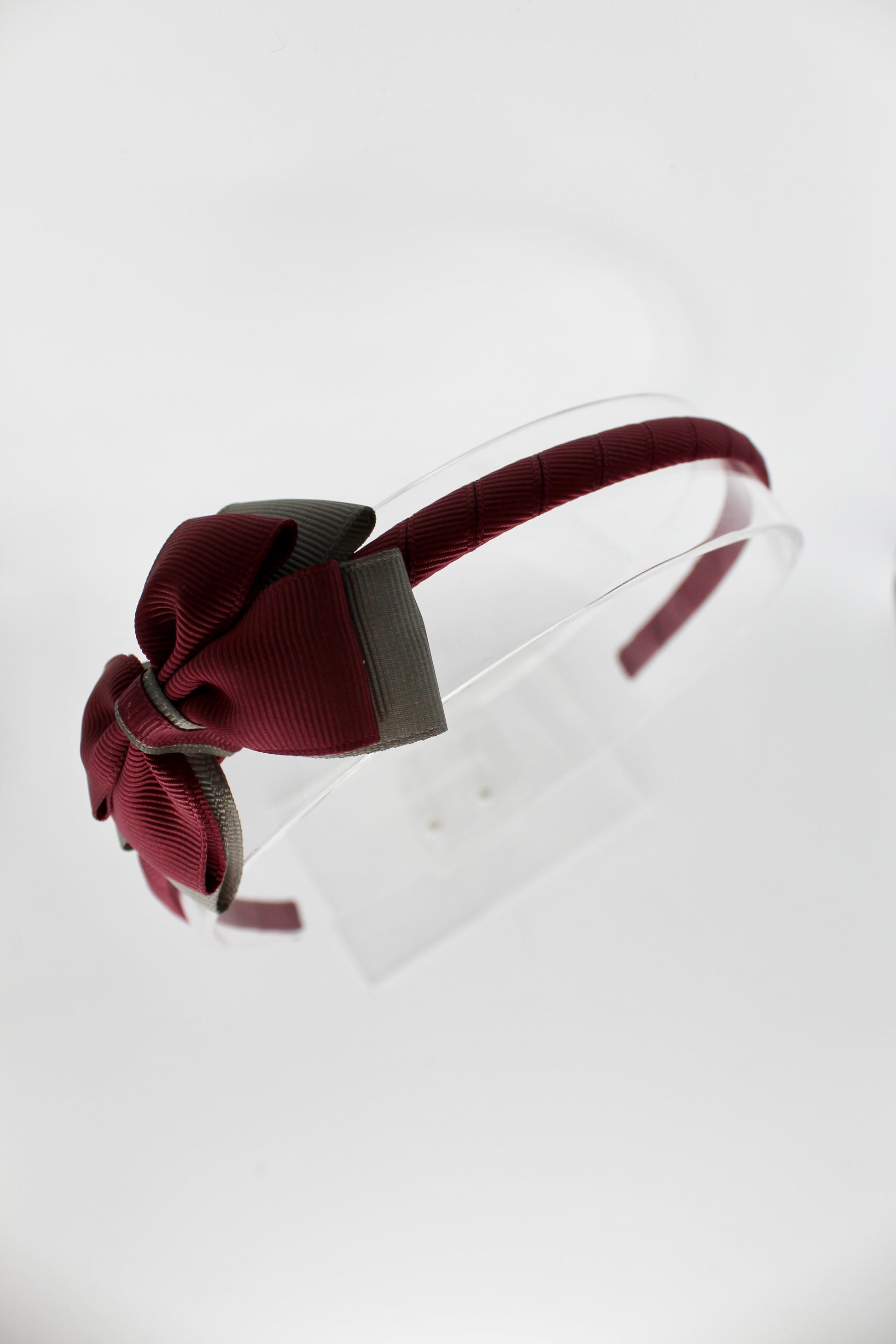 Bow Hair Band - Burgundy and Metal Grey