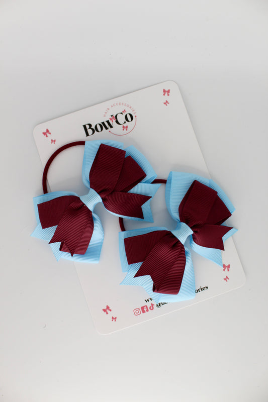 Burgundy and Blue Topaz - Double Tail Bow Set - Elastic