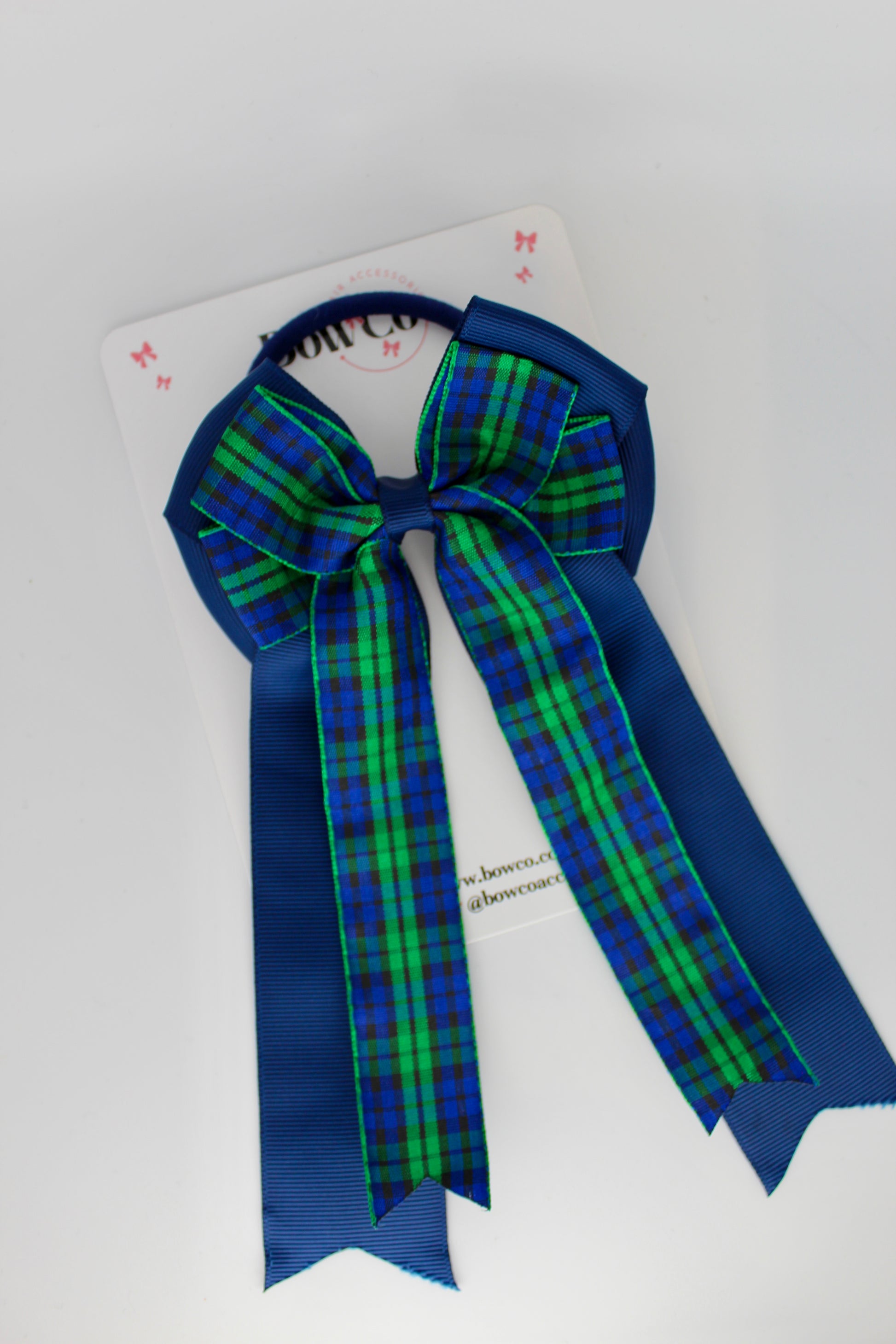 Navy Tartan Double Tail Bow - Elastic