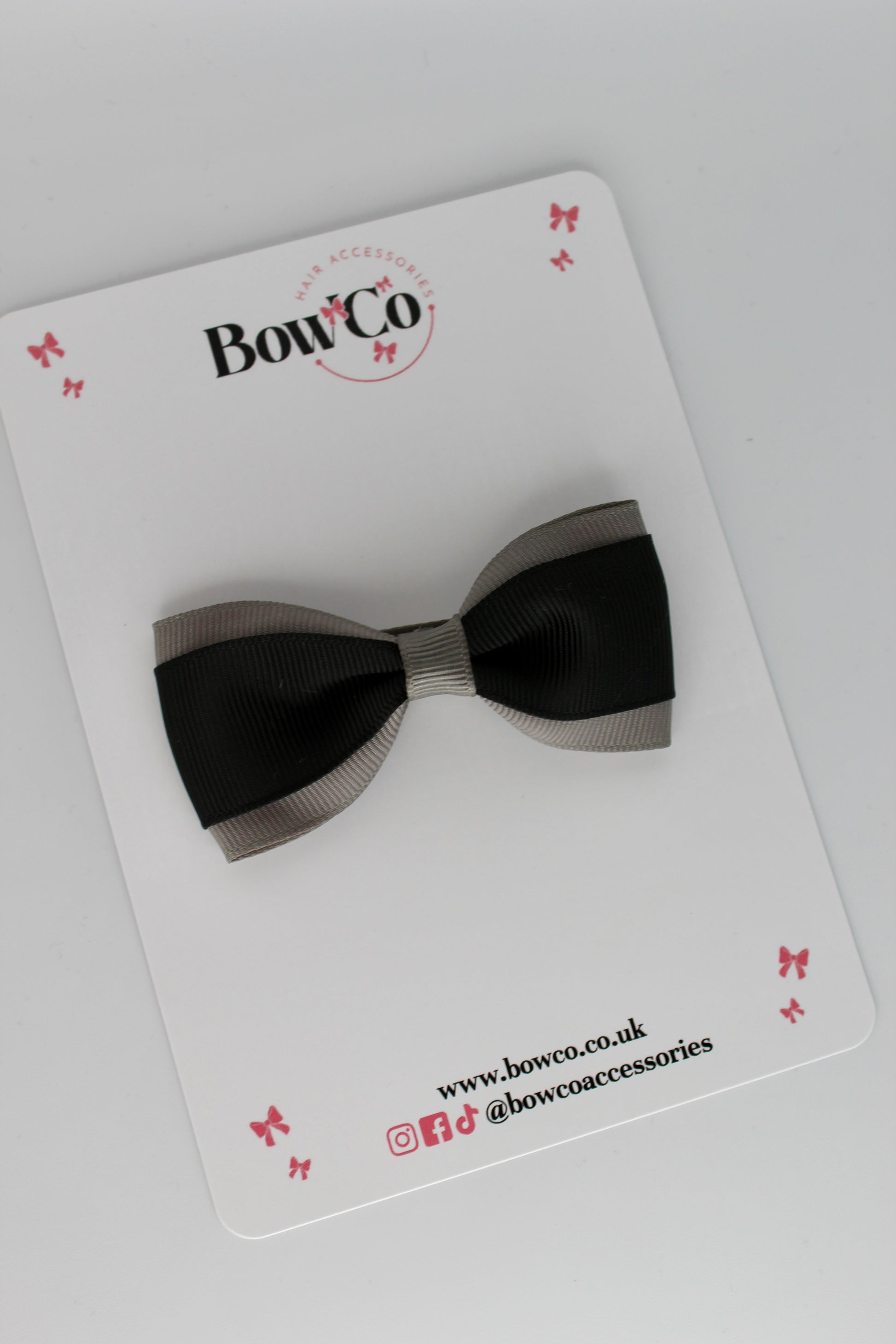 3 Inch Tuxedo Bow - Clip - Black and Metal Grey