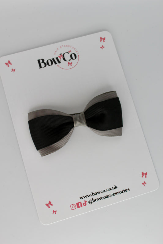 3 Inch Tuxedo Bow - Clip - Black and Metal Grey