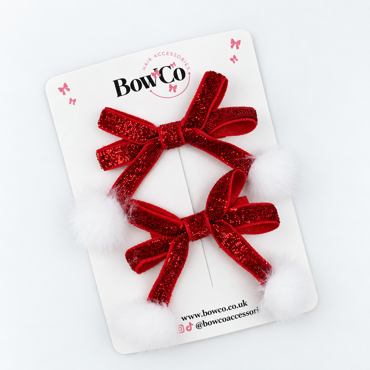 Christmas Velvet Pom Pom Hair Bows – Red Festive Hair Clips | Pack of 2
