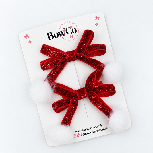 Christmas Velvet Pom Pom Hair Bows – Red Festive Hair Clips | Pack of 2
