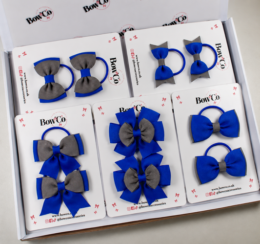 School Bow Bundle Saver - 10 Pack - Royal Blue and Grey - Elastic