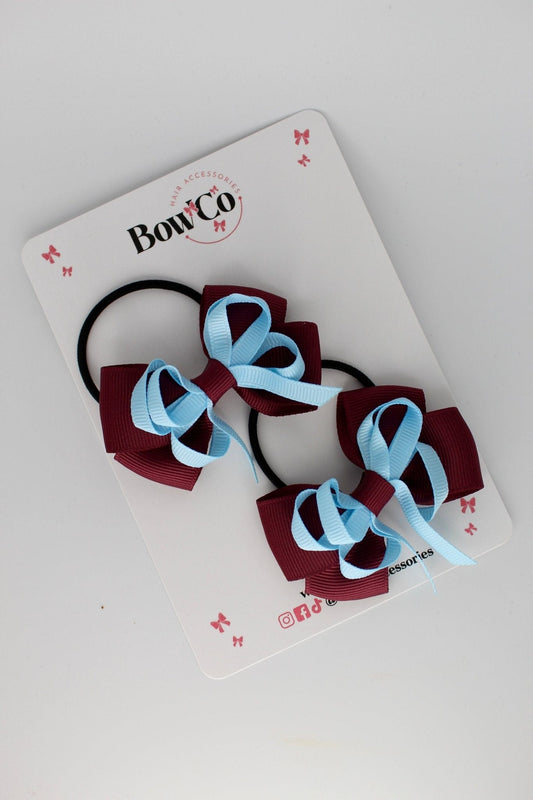 2.5 Inch Double Bow Bobble - 2 Pack - Burgundy and Blue Topaz
