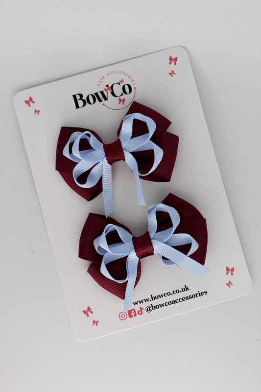 2.5 Inch Double Bow Bobble - 2 Pack - Burgundy and Bluebell