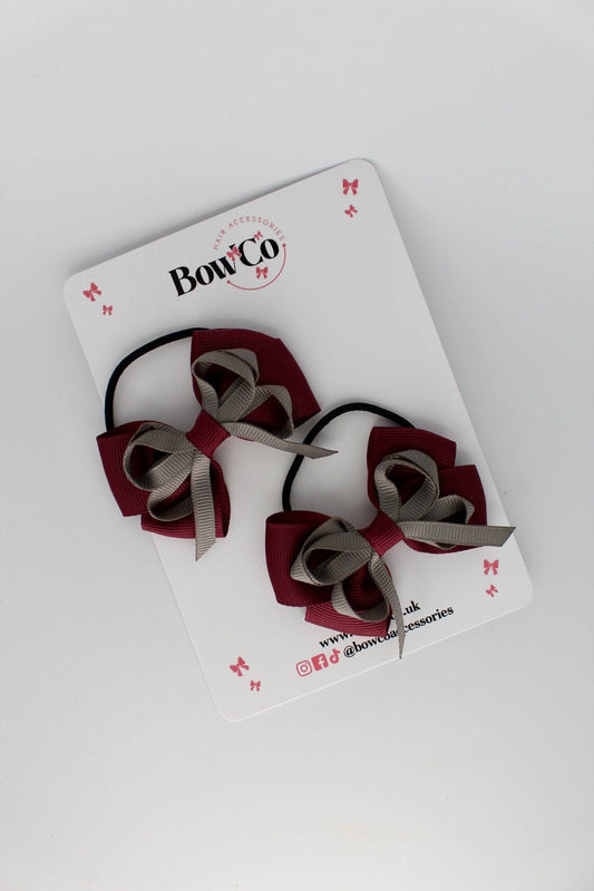 2.5 Inch Double Bow Bobble - 2 Pack - Burgundy and Metal Grey