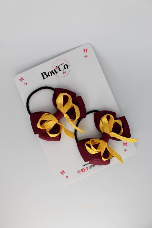 2.5 Inch Double Bow Bobble - 2 Pack - Burgundy and Yellow Gold