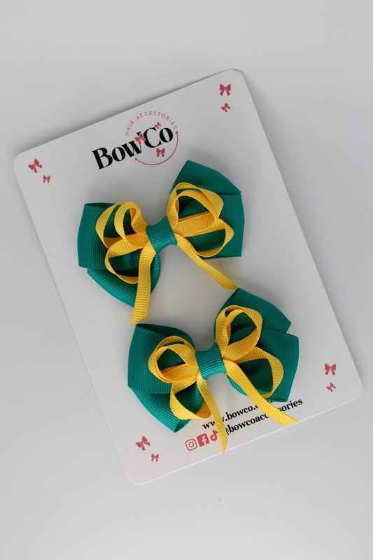 2.5 Inch Double Bow Bobble - 2 Pack - Jade Green and Yellow Gold