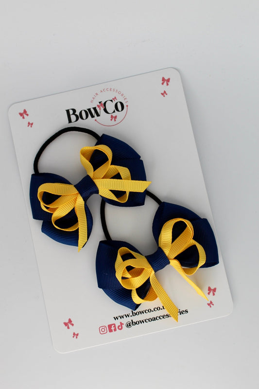 2.5 Inch Double Bow Bobble - 2 Pack - Navy and Yellow Gold