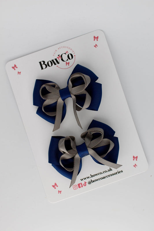 2.5 Inch Double Bow Bobble - 2 Pack - Navy Blue and Metal Grey